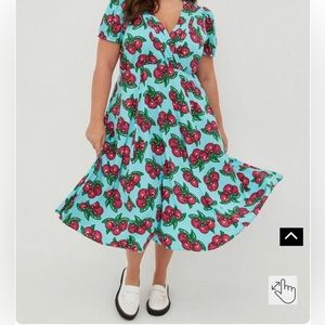 Betsey Johnson Fit & Flare Midi Dress - Stretch Challis Cherry Blue size 16